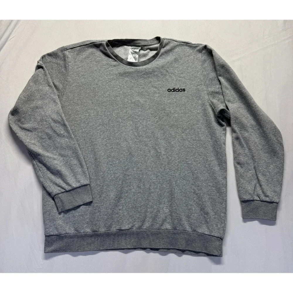 Adidas Crew Sweatshirt Men XL Heather Gray Embroidered Logo Ribbed Trim Athletic